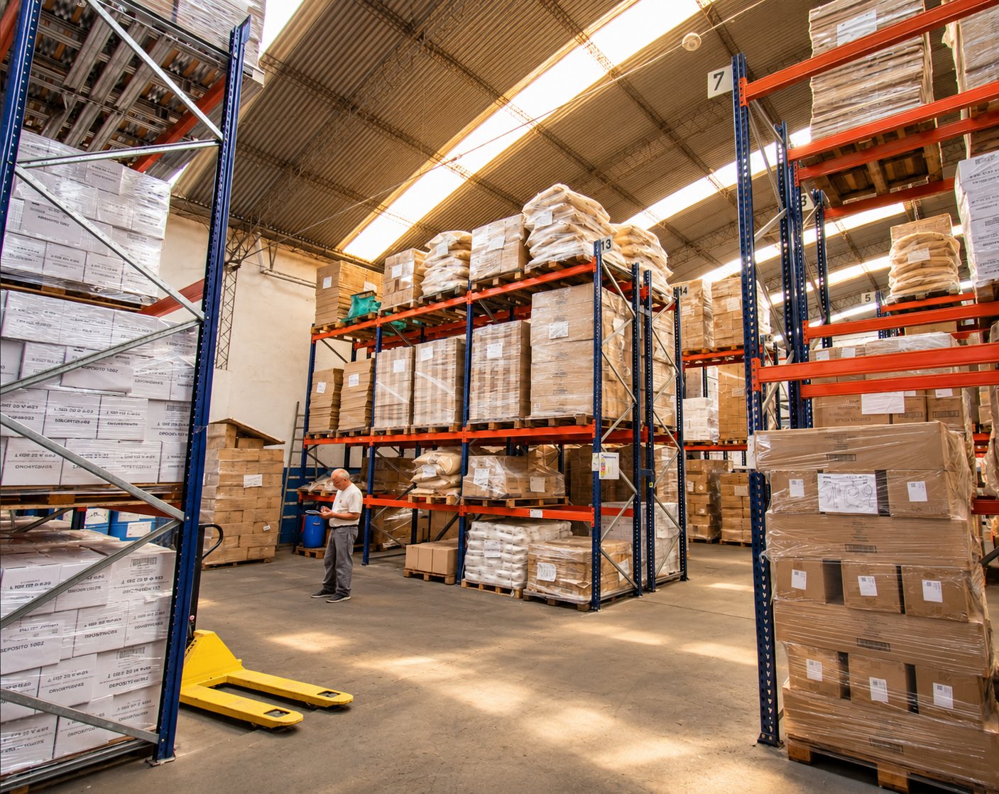 Nave del depósito con autoelevador entre pallets y mercadería