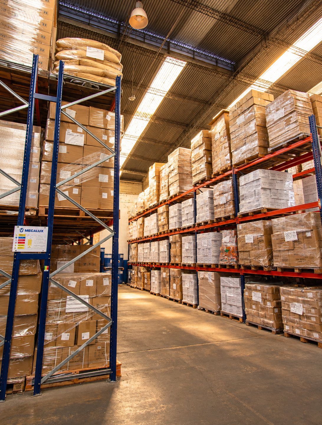 Pasillo del depósito con racks cargados de mercadería paletizada