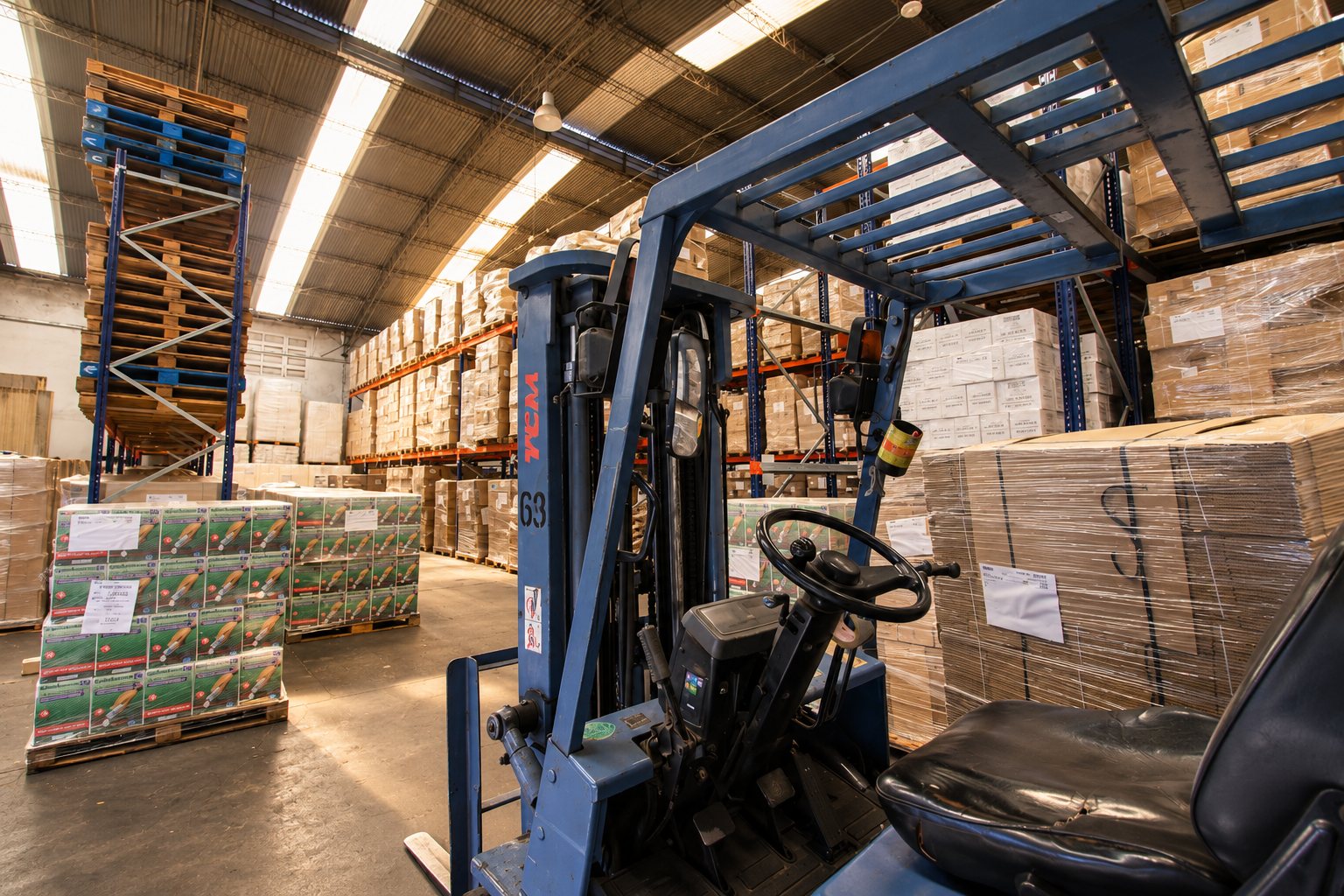 Racks con mercadería y pallets en el depósito